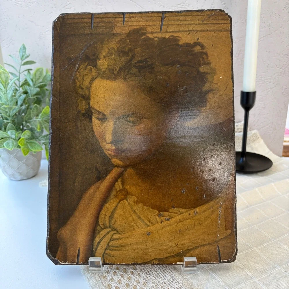 Vintage Renaissance Style Woman Portrait Wood Block Wall Art Rustic Plaque 11x8